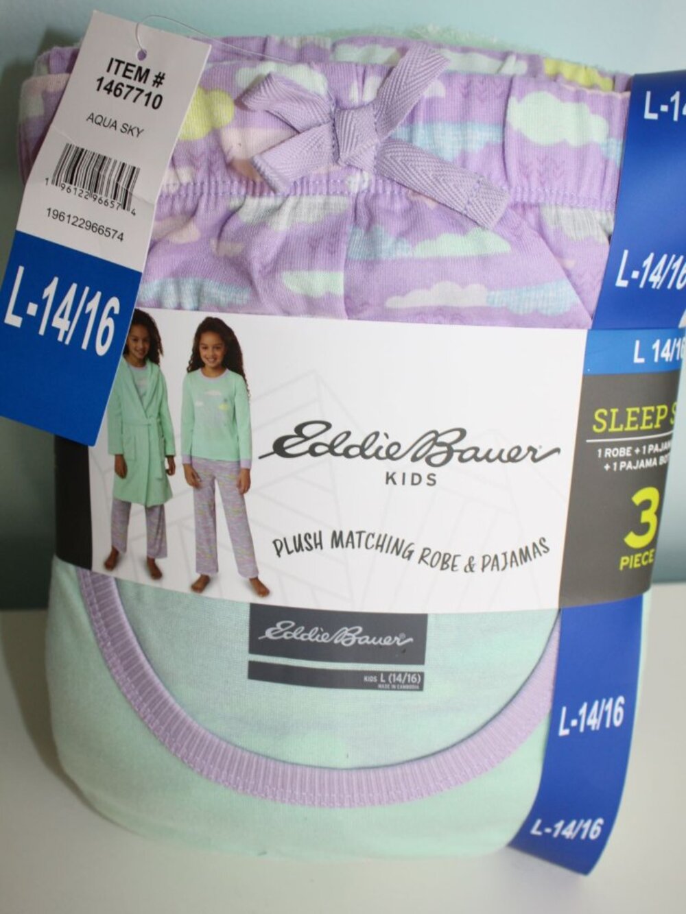 NWT EDDIE BAUER Girls Size L 14-16 3-PC Sleep Set: Robe & LS Pajamas Aqua Sky